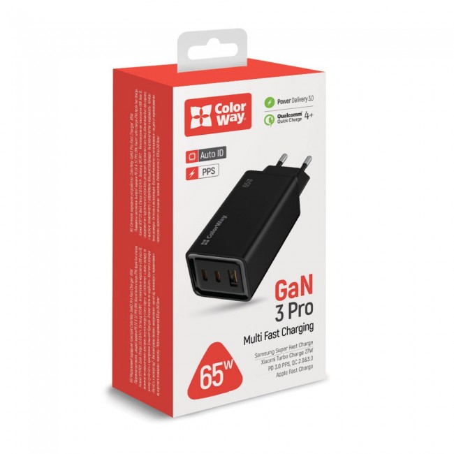 ColorWay GaN3 Pro Power Delivery (USB-A + 2 USB TYPE-C) (65W) Black (CW-CHS039PD-BK)