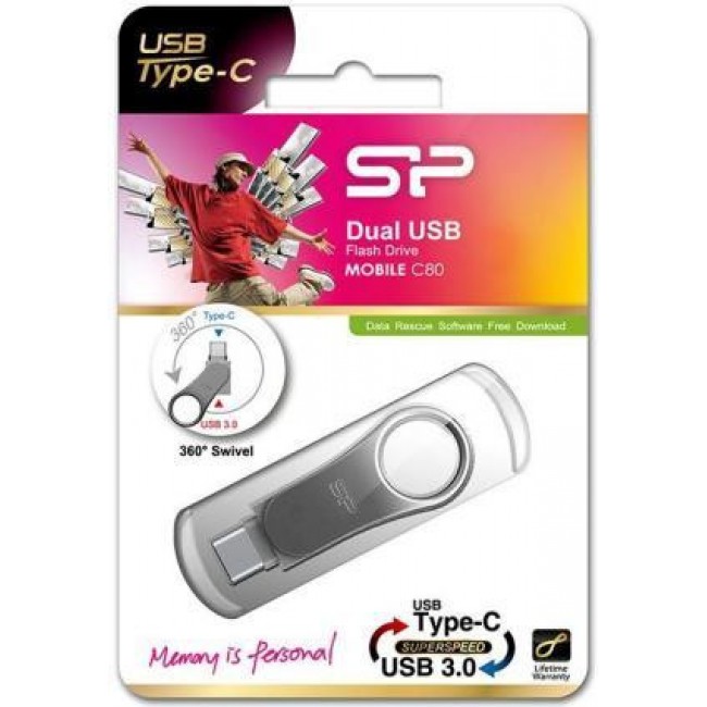 Silicon Power 128 GB DriveMobile C80 USB 3.1 + Type-C Silver (SP128GBUC3C80V1S)