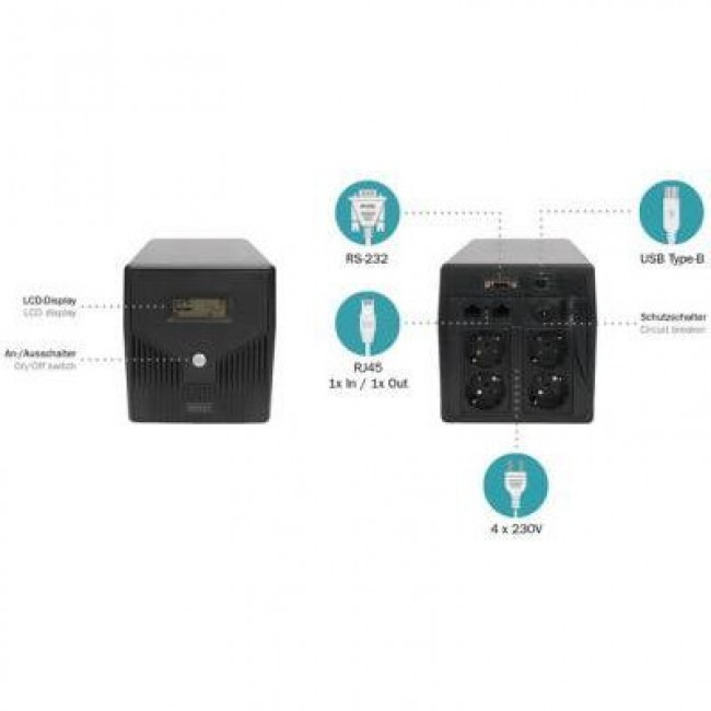 Источник бесперебойного питания Digitus Line-Interactive 1000VA/600W LCD 4xSchuko RJ45 RS232 USB (DN-170074)