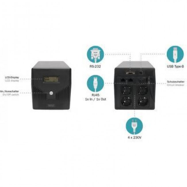 Источник бесперебойного питания Digitus Line-Interactive 1000VA/600W LCD 4xSchuko RJ45 RS232 USB (DN-170074)
