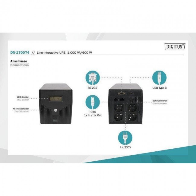 Источник бесперебойного питания Digitus Line-Interactive 1000VA/600W LCD 4xSchuko RJ45 RS232 USB (DN-170074)