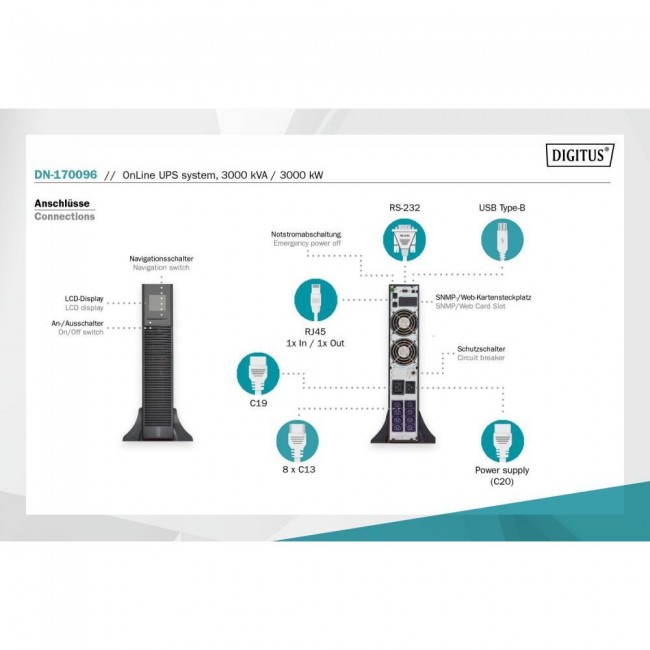 Digitus OnLine 3000VA/3000W LCD 8xC13 1xC19 RJ45 RS232 USB Rack/Tower (DN-170096)