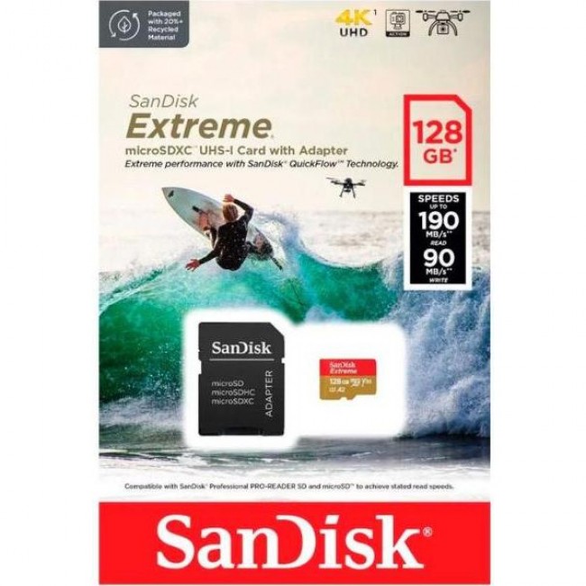 SanDisk 128 GB microSDXC UHS-I U3 V30 A2 Class 10 Extreme (SDSQXAA-128G-GN6AA)
