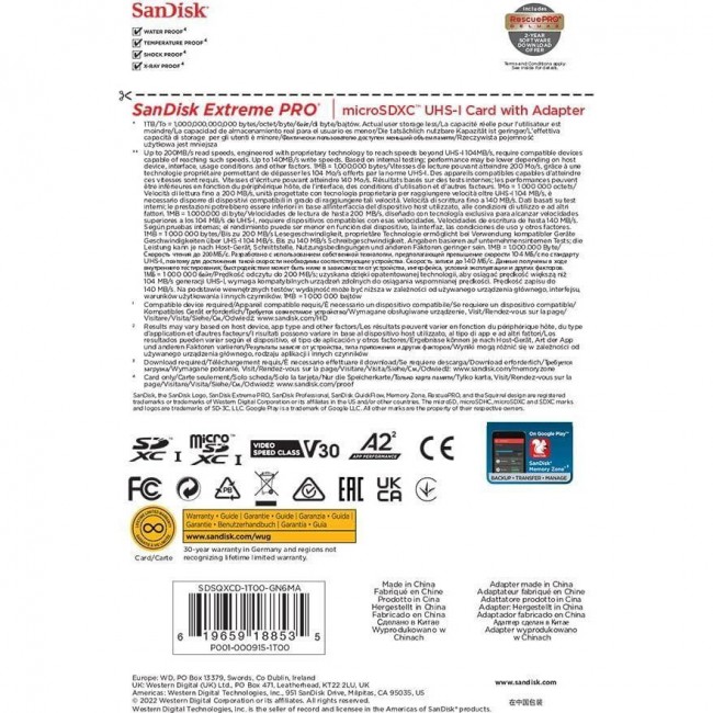 SanDisk 1 TB microSDXC UHS-I U3 Extreme Pro + SD Adapter SDSQXCD-1T00-GN6MA