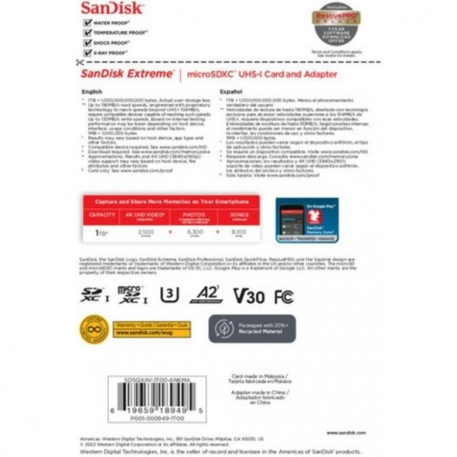 SanDisk 1 TB microSDXC UHS-I U3 V30 A2 Extreme (SDSQXAV-1T00-GN6MA)