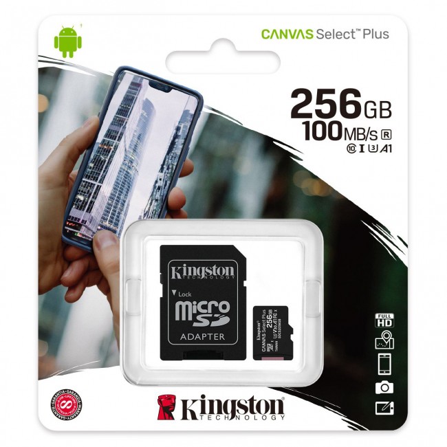 Kingston 256 GB microSDXC Class 10 UHS-I U3 Canvas Select Plus + SD Adapter (SDCS2/256GB)