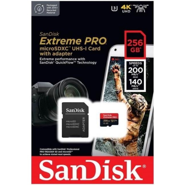 SanDisk 256 GB microSDXC UHS-I U3 Extreme Pro + SD Adapter SDSQXCD-256G-GN6MA
