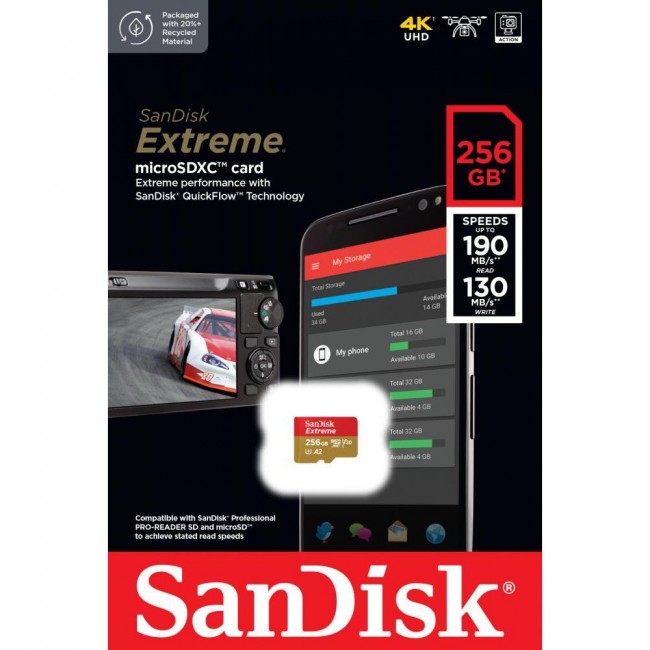 SanDisk 256 GB microSDXC UHS-I U3 V30 A2 Extreme (SDSQXAV-256G-GN6MN)