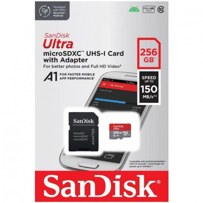 SanDisk 256 GB microSDXC UHS-I Ultra A1 + SD adapter (SDSQUAC-256G-GN6MA)