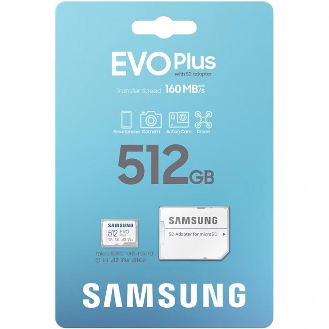 Samsung 512 GB microSDXC Class 10 UHS-I U3 V30 A2 EVO Plus + SD Adapter (MB-MC512SA)
