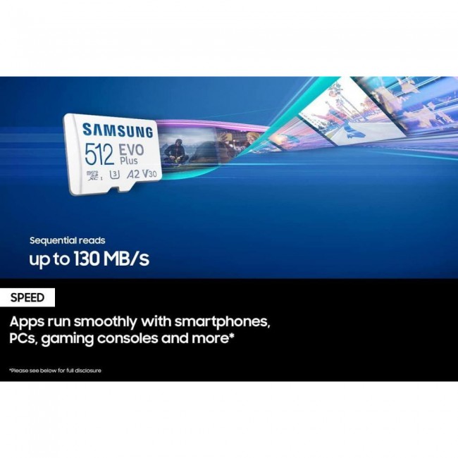 Samsung 512 GB microSDXC Class 10 UHS-I U3 V30 A2 EVO Plus + SD Adapter MB-MC512KA