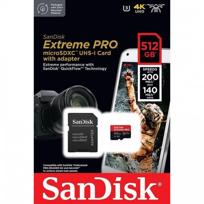 SanDisk 512 GB microSDXC UHS-I U3 Extreme Pro + SD Adapter SDSQXCD-512G-GN6MA