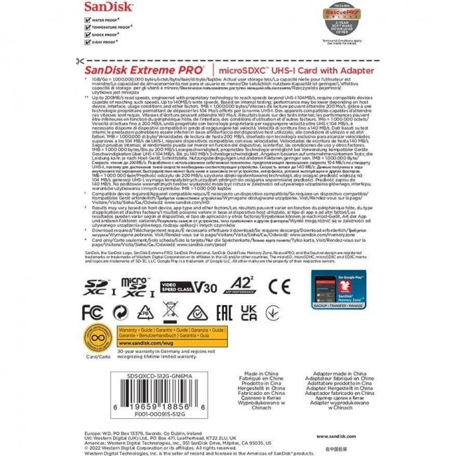 SanDisk 512 GB microSDXC UHS-I U3 Extreme Pro + SD Adapter SDSQXCD-512G-GN6MA