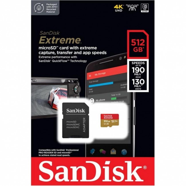 SanDisk 512 GB microSDXC UHS-I U3 V30 A2 Extreme + SD-Adapter (SDSQXAV-512G-GN6MA)