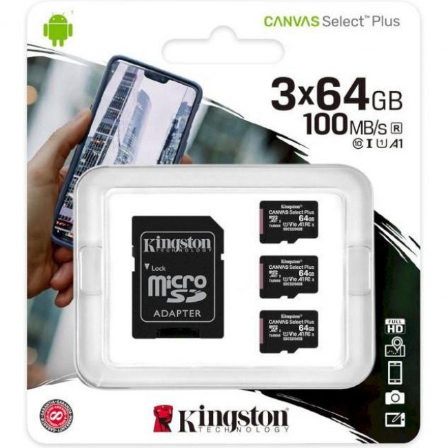 Kingston 64 GB microSDXC Class 10 UHS-I Canvas Select Plus 3-Pack + SD Adapter (SDCS2/64GB-3P1A)