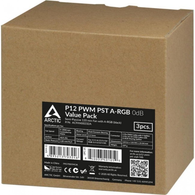 Arctic P12 PWM PST A-RGB 0dB 3-Fan Pack Black (ACFAN00232A)