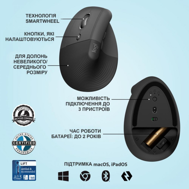 Мышь Logitech Lift Left Vertical Ergonomic Wireless/Bluetooth Graphite (910-006474)