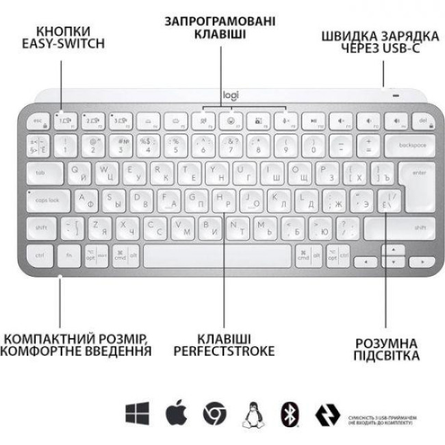 Клавиатура Logitech MX Keys Mini For Mac Wireless Illuminated Pale Grey (920-010526)