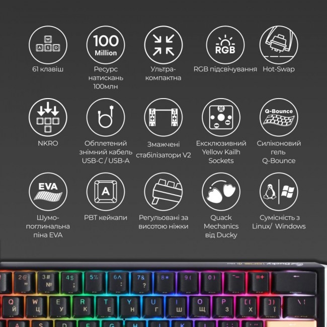 Ducky One 3 Mini Cherry MX Red RGB UA USB Black (DKON2161ST-RUAPXCLAWSC1)