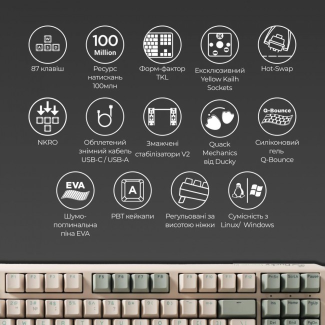 Ducky One 3 TKL Cherry MX Silent Red UA USB Cream (DKON2187-SUAPXМAEGGC1)