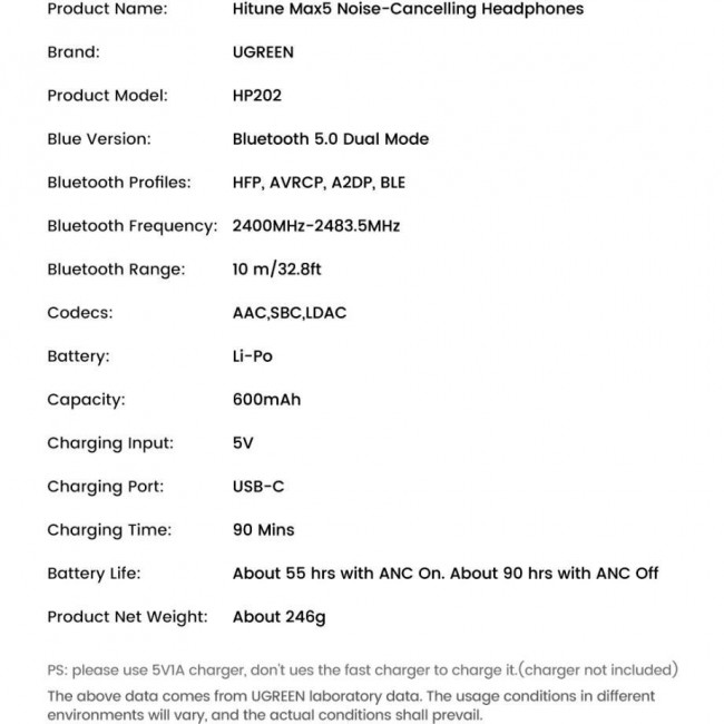 UGREEN HP202 HiTune Max5 Hybrid ANC Black (25255)