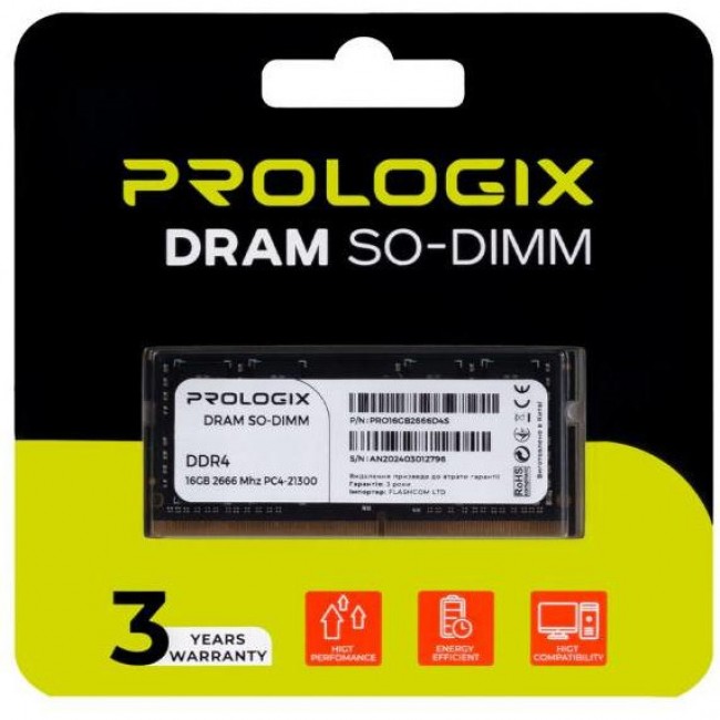 Оперативная память Prologix 16 GB SO-DIMM DDR4 2666 MHz (PRO16GB2666D4S)