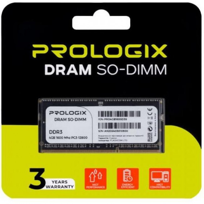 Prologix 4 GB SO-DIMM DDR3 1600 MHz (PRO4GB1600D3S)