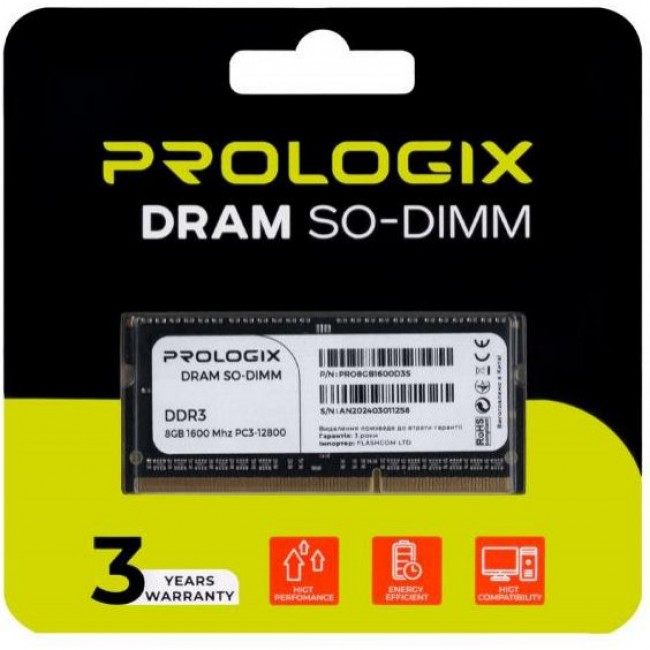 Оперативная память Prologix 8 GB SO-DIMM DDR3 1600 MHz (PRO8GB1600D3S)