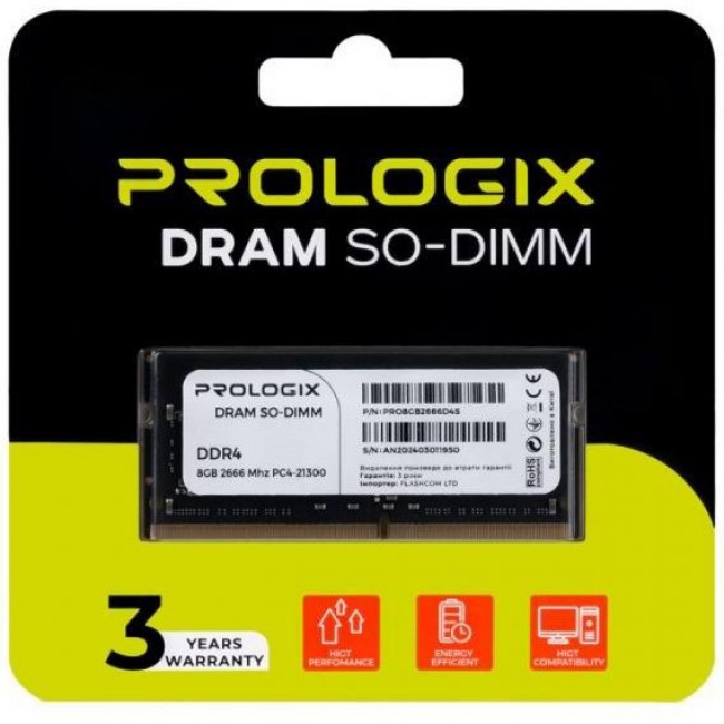Оперативная память Prologix 8 GB SO-DIMM DDR4 2666 MHz (PRO8GB2666D4S)