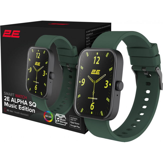Смарт-часы 2E Alpha SQ Music Edition 46mm Black-Green (2E-CWW40BKGN)