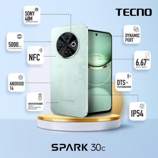 Смартфон Tecno Spark 30C KL5n 6/128GB Magic Skeen Green (4894947051814)