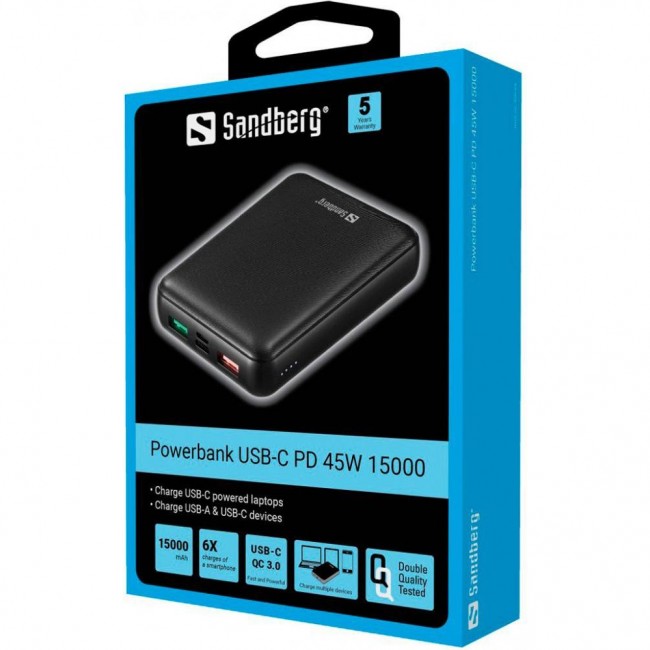 Sandberg 15000mAh PD/45W 20V/2.25A QC3.0 USB-C Micro-USB USB-A*2 (420-66)