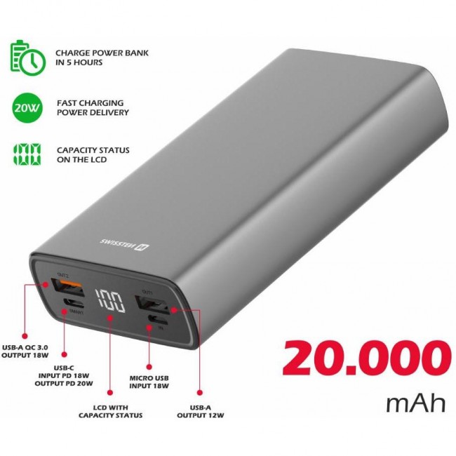 Swissten Aluminium 1xUSB-C, 2xUSB-A, PD3.0, QC3.0, 20W 20000mAh (22013916)