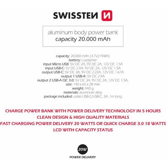 Swissten Aluminium 1xUSB-C, 2xUSB-A, PD3.0, QC3.0, 20W 20000mAh (22013916)
