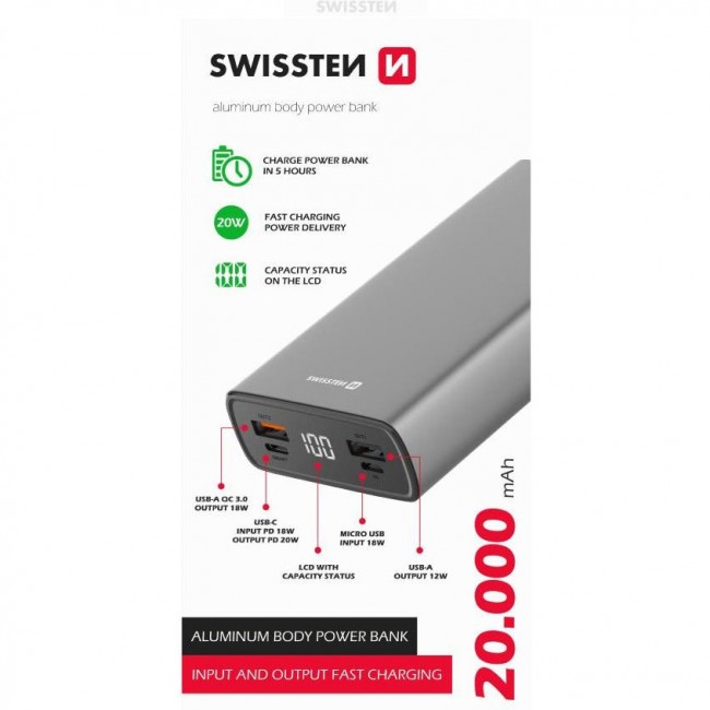 Swissten Aluminium 1xUSB-C, 2xUSB-A, PD3.0, QC3.0, 20W 20000mAh (22013916)