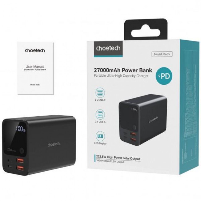 Choetech B635 2xUSB-C PD100W, 2xUSB-A QC22W 27000mAh Black (B635-BK)