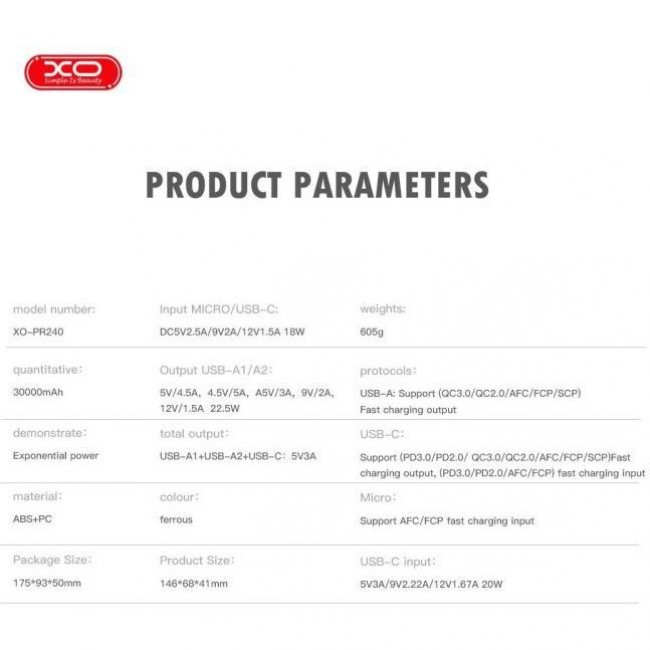 XO PR240 30000mAh 22.5W Black