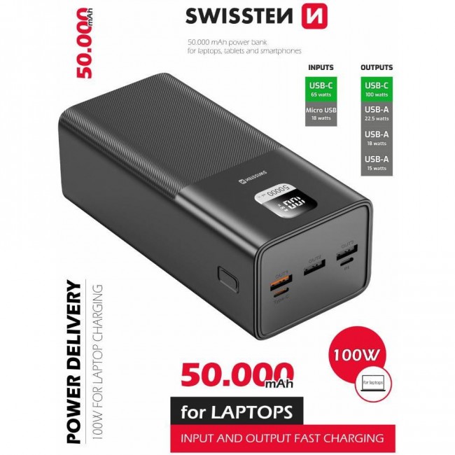 Swissten Power Line Bank For Laptop 50000mAh 100W Black (22013942)