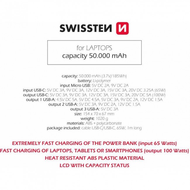 Swissten Power Line Bank For Laptop 50000mAh 100W Black (22013942)