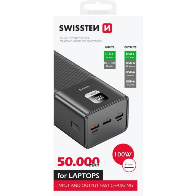 Swissten Power Line Bank For Laptop 50000mAh 100W Black (22013942)