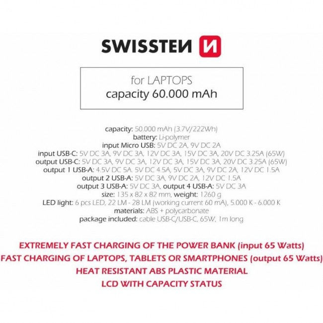 Swissten Power Line Bank For Laptop 60000mAh 65W Black (22013943)