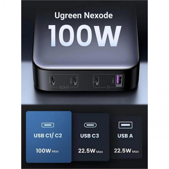 UGREEN CD328 GaN 100W 1xUSB-A 3-USB-C PD3.0 QC4.0 Wall Charger Gray (90928)