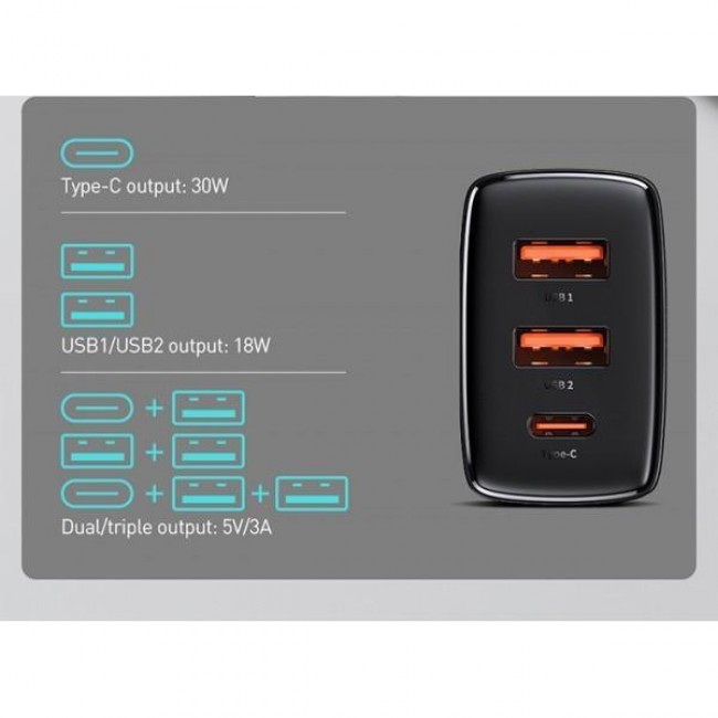 Baseus Compact Quick Charger 2xUSB U+C 30W Black (CCXJ-E01)