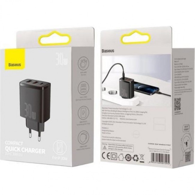 Baseus Compact Quick Charger 2xUSB U+C 30W Black (CCXJ-E01)