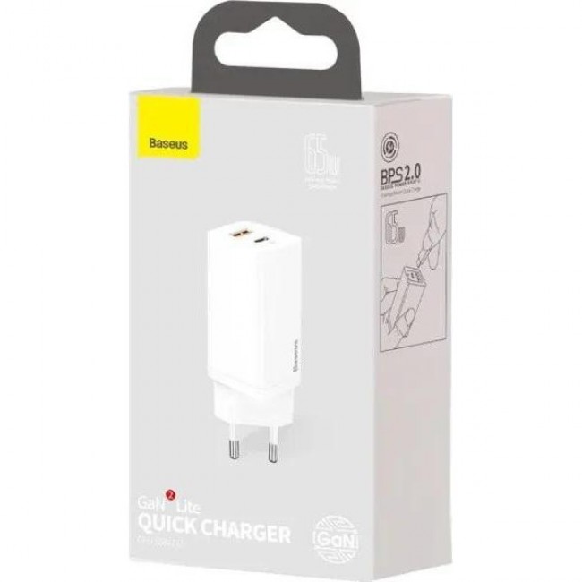 Baseus GaN2 Lite Quick Charger C+U 65W EU White (CCGAN2L-B02)