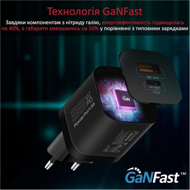 Promate PowerPort-33 W USB-C+USB-A Black (powerport-33.black)
