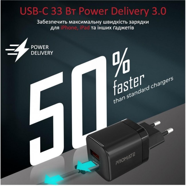 Promate PowerPort-33 W USB-C+USB-A Black (powerport-33.black)
