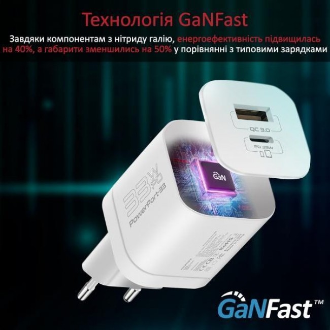 Promate PowerPort-33 W USB-C+USB-A White (powerport-33.white)