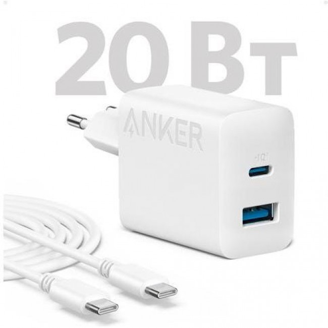 Anker PowerPort 312 20W PD3.0, PIQ3.0, QC3.0 White + Type-C to Type-C (B2348G21)