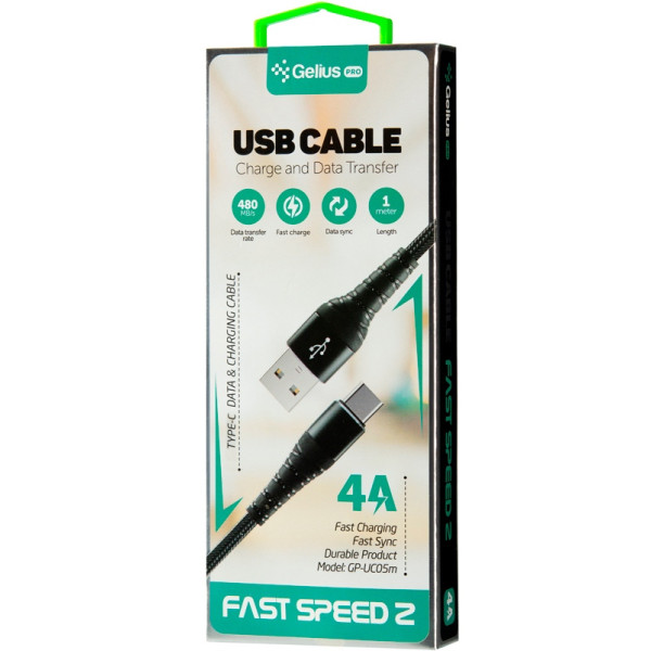 Кабель Gelius Fast Speed 2 USB/Type-C/1м/4А/Черный
